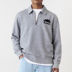 Roots Zip Polo SIZE S Salt Pepper Gray Long Sleeve Pullover Sweatshirt Fleece